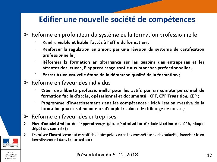 Edifier une nouvelle société de compétences Ø Réforme en profondeur du système de la