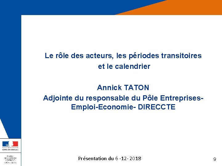 Le rôle des acteurs, les périodes transitoires et le calendrier Annick TATON Adjointe du