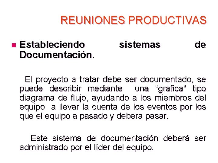 REUNIONES PRODUCTIVAS Estableciendo Documentación. n sistemas de El proyecto a tratar debe ser documentado,