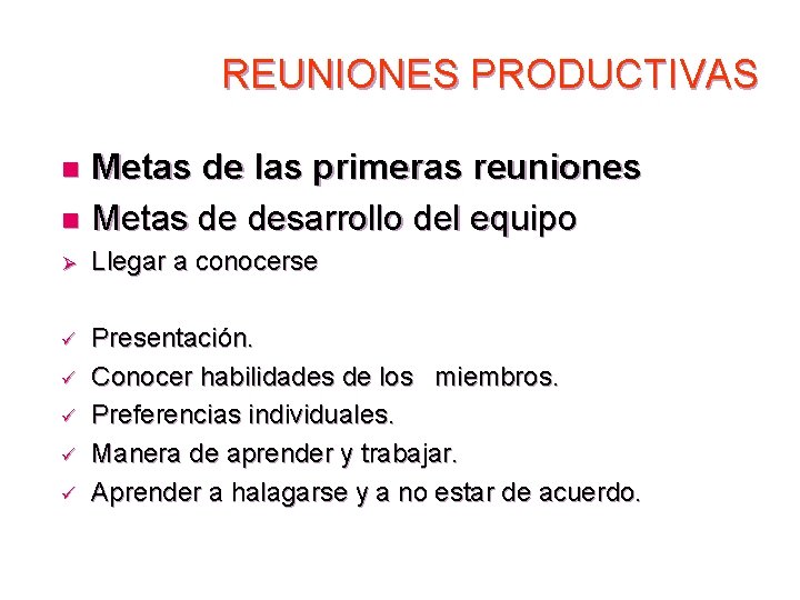 REUNIONES PRODUCTIVAS Metas de las primeras reuniones n Metas de desarrollo del equipo n