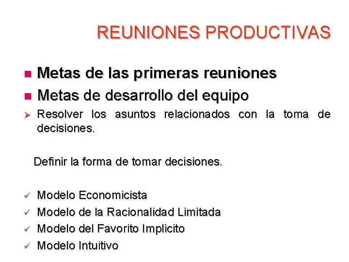 REUNIONES PRODUCTIVAS Metas de las primeras reuniones n Metas de desarrollo del equipo n