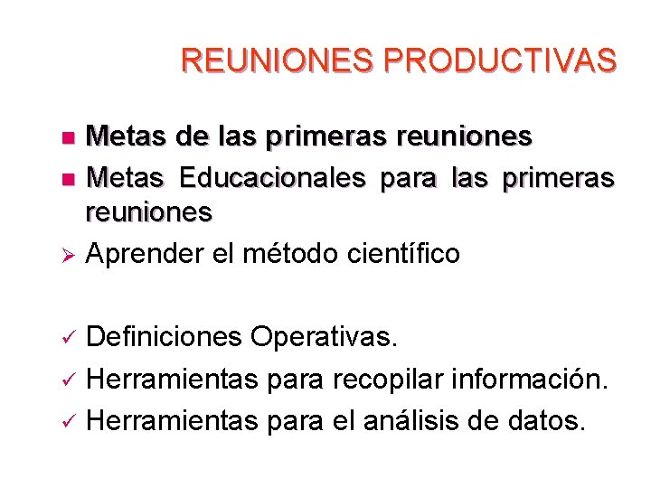 REUNIONES PRODUCTIVAS Metas de las primeras reuniones n Metas Educacionales para las primeras reuniones