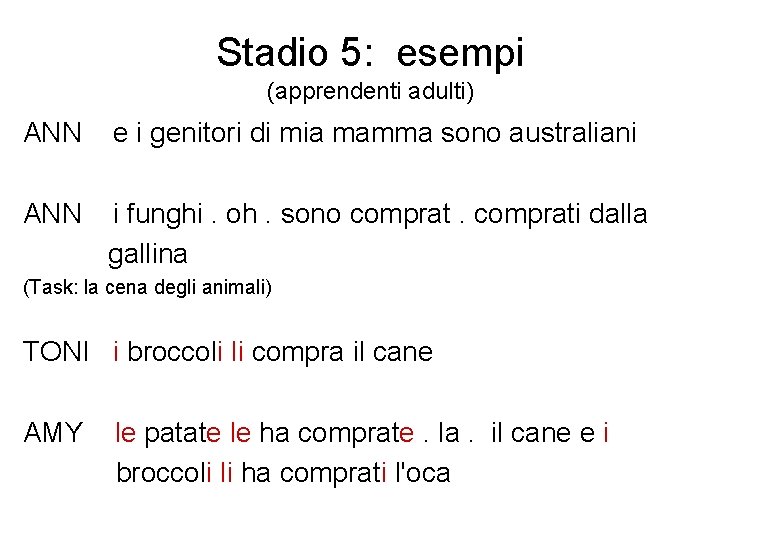 Stadio 5: esempi (apprendenti adulti) ANN e i genitori di mia mamma sono australiani