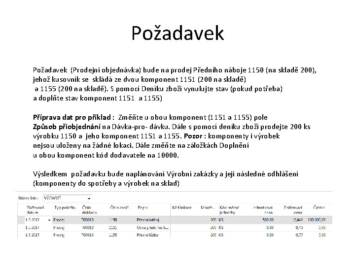 Požadavek (Prodejní objednávka) bude na prodej Předního náboje 1150 (na skladě 200), jehož kusovník