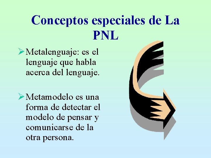 Conceptos especiales de La PNL Ø Metalenguaje: es el lenguaje que habla acerca del