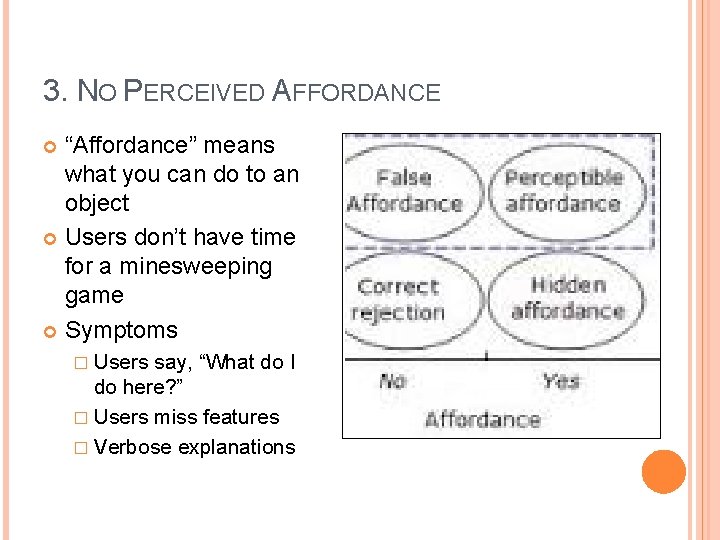 3. NO PERCEIVED AFFORDANCE “Affordance” means what you can do to an object Users