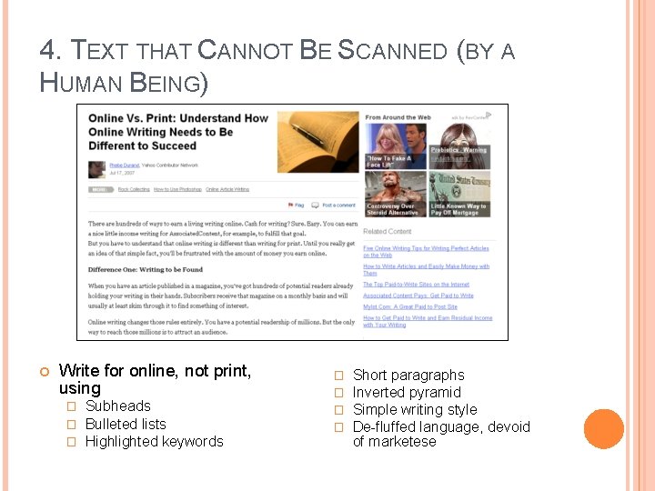 4. TEXT THAT CANNOT BE SCANNED (BY A HUMAN BEING) Write for online, not