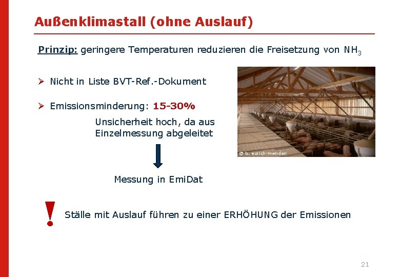 Außenklimastall (ohne Auslauf) Prinzip: geringere Temperaturen reduzieren die Freisetzung von NH 3 Ø Nicht