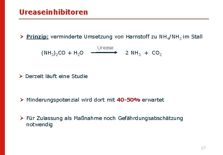 Ureaseinhibitoren Ø Prinzip: verminderte Umsetzung von Harnstoff zu NH 4/NH 3 im Stall (NH