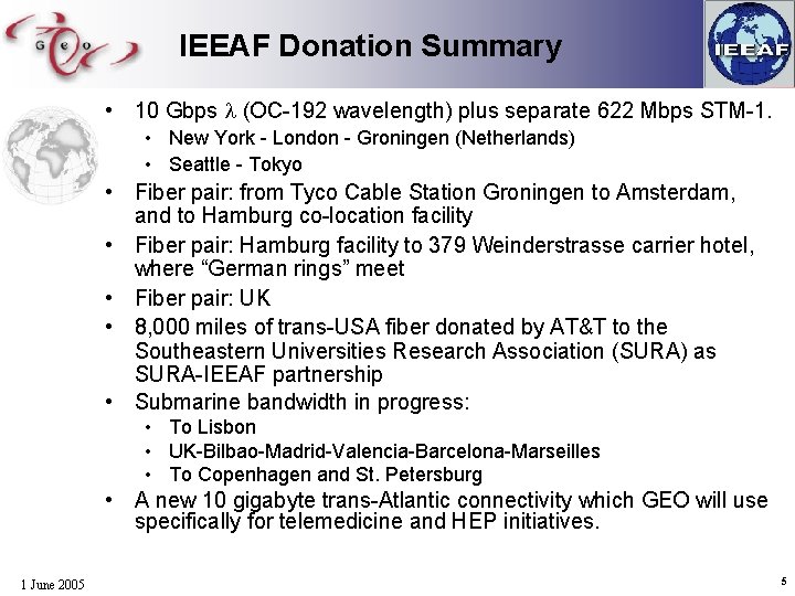 IEEAF Donation Summary • 10 Gbps l (OC-192 wavelength) plus separate 622 Mbps STM-1.