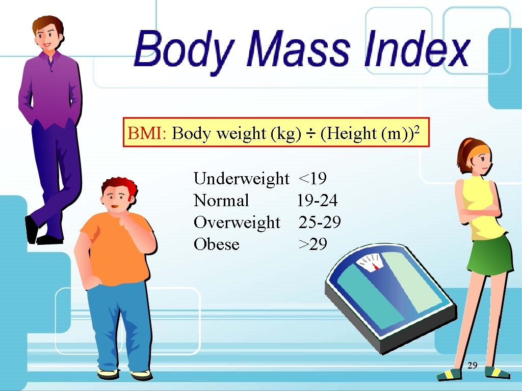 BMI: Body weight (kg) ÷ (Height (m))2 Underweight <19 Normal 19 -24 Overweight 25
