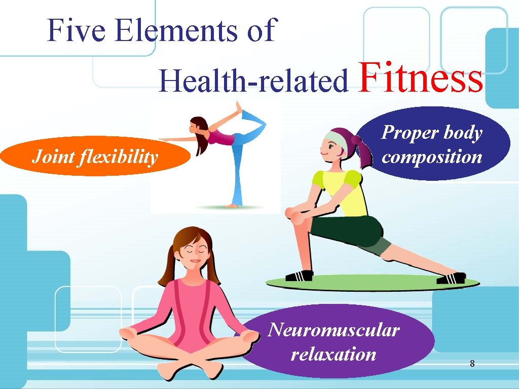 Five Elements of Health-related Fitness Joint flexibility Proper body composition Neuromuscular relaxation 8 