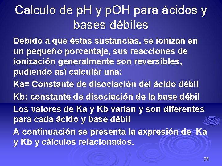 Calculo de p. H y p. OH para ácidos y bases débiles Debido a