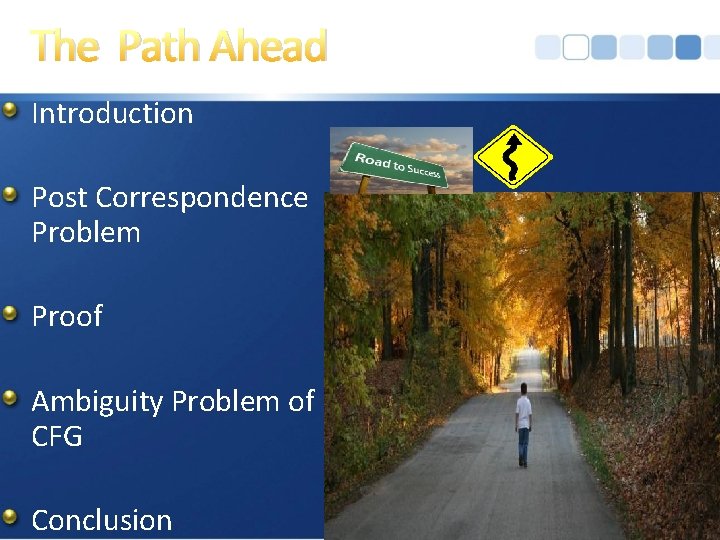 The Path Ahead Introduction Post Correspondence Problem Proof Ambiguity Problem of CFG Conclusion 