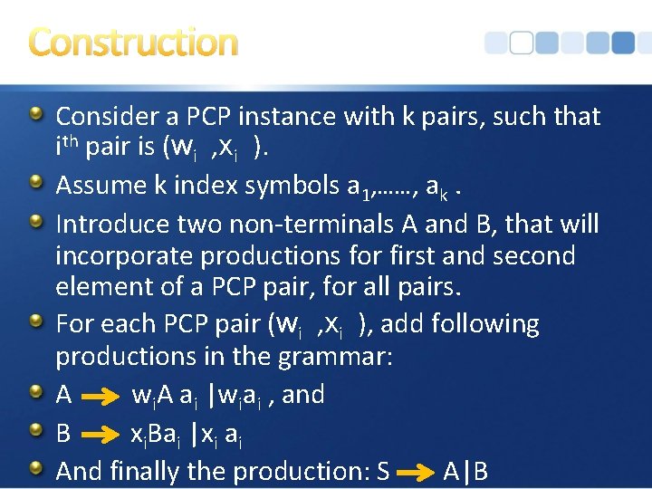 Construction Consider a PCP instance with k pairs, such that ith pair is (wi