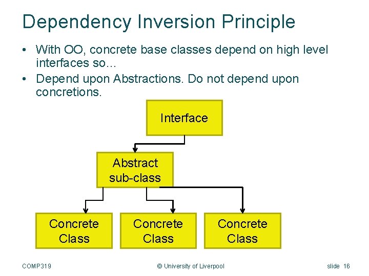 Dependency Inversion Principle • With OO, concrete base classes depend on high level interfaces