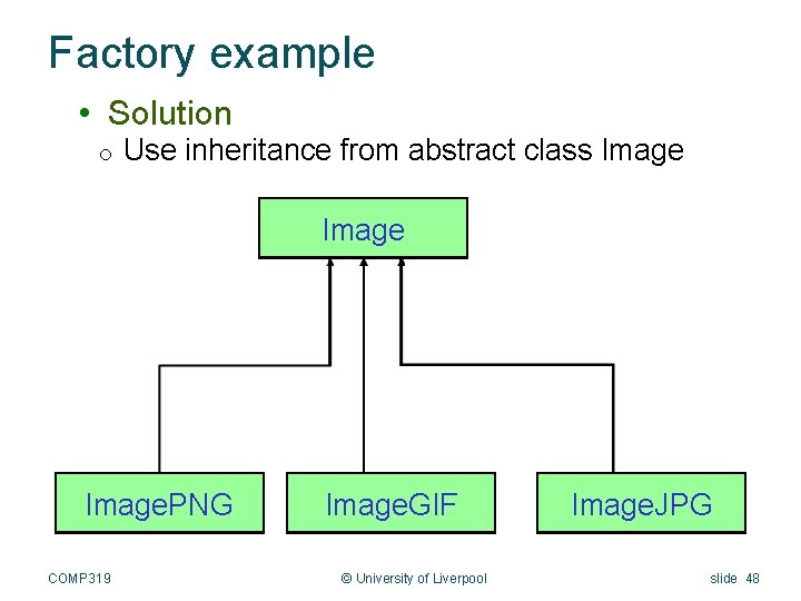 Factory example • Solution o Use inheritance from abstract class Image. PNG COMP 319