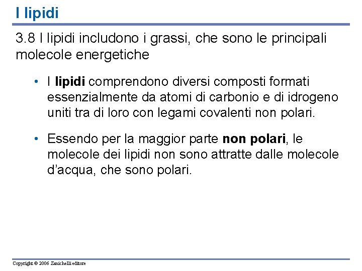 I lipidi 3. 8 I lipidi includono i grassi, che sono le principali molecole