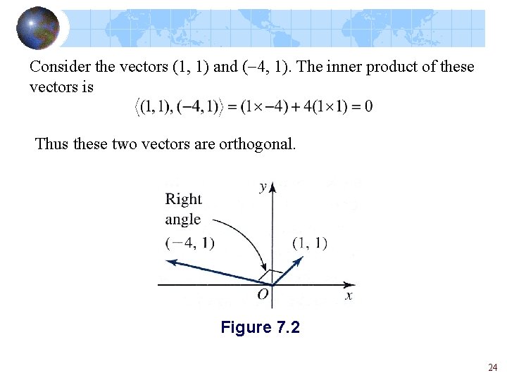 Consider the vectors (1, 1) and (-4, 1). The inner product of these vectors