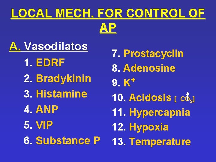 LOCAL MECH. FOR CONTROL OF AP A. Vasodilatos 1. EDRF 2. Bradykinin 3. Histamine LOCAL MECH. FOR CONTROL OF AP A. Vasodilatos 1. EDRF 2. Bradykinin 3. Histamine