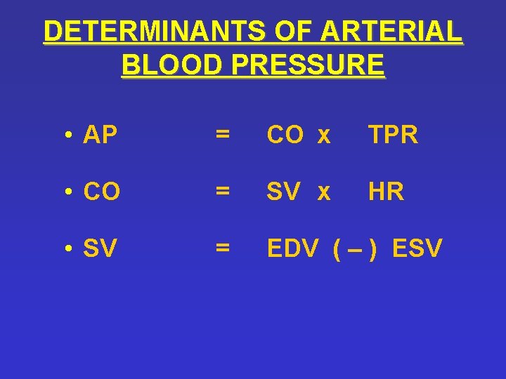 DETERMINANTS OF ARTERIAL BLOOD PRESSURE • AP = CO x TPR • CO =