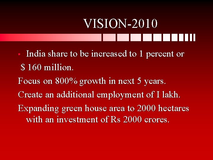 VISION-2010 India share to be increased to 1 percent or $ 160 million. Focus