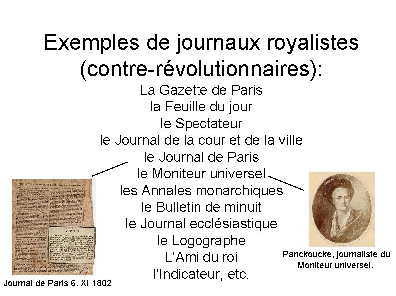 Exemples de journaux royalistes (contre-révolutionnaires): La Gazette de Paris la Feuille du jour le