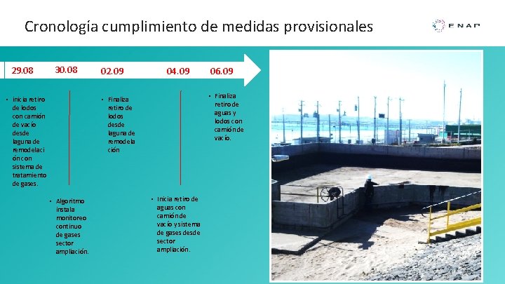 Cronología cumplimiento de medidas provisionales 29. 08 30. 08 • inicia retiro de lodos