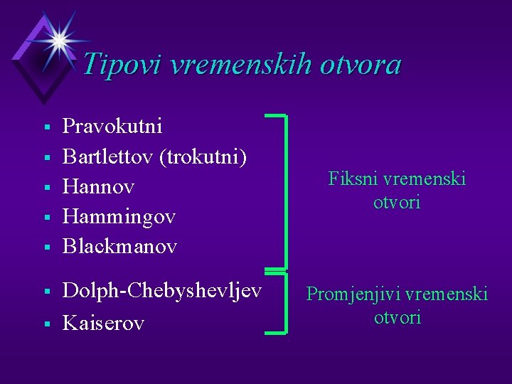 Tipovi vremenskih otvora § § § § Pravokutni Bartlettov (trokutni) Hannov Hammingov Blackmanov Dolph-Chebyshevljev