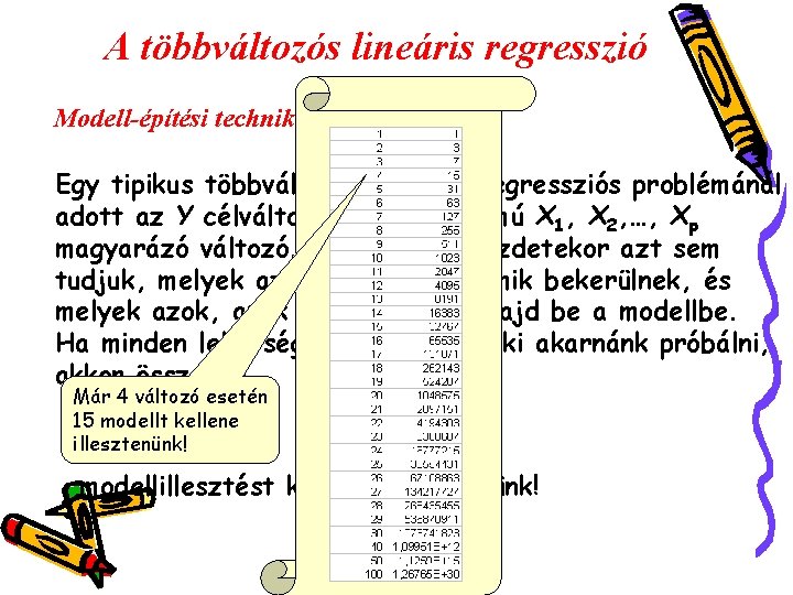 A többváltozós lineáris regresszió Modell-építési technikák Egy tipikus többváltozós lineáris regressziós problémánál adott az