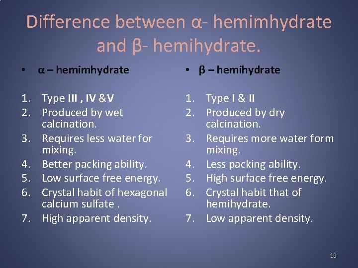 Difference between α- hemimhydrate and β- hemihydrate. • α – hemimhydrate • β –