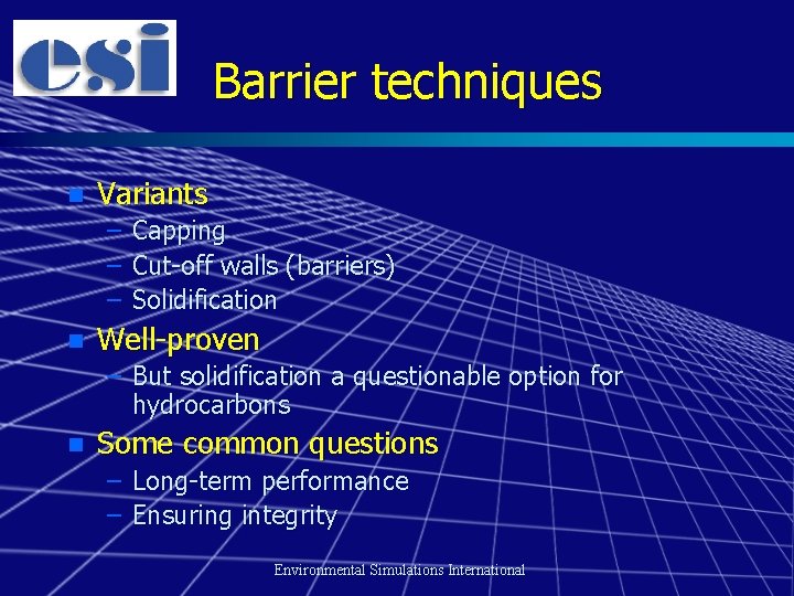 Barrier techniques n Variants – Capping – Cut-off walls (barriers) – Solidification n Well-proven