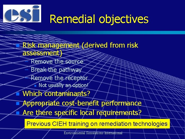 Remedial objectives n Risk management (derived from risk assessment) – – – Remove the