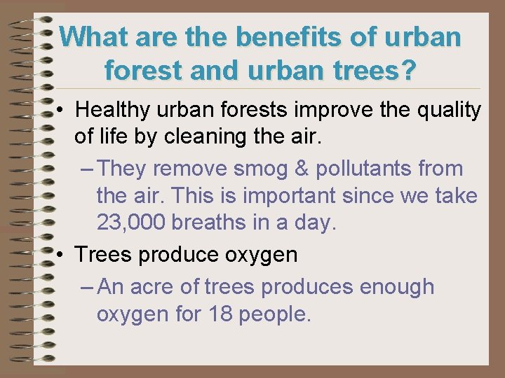 What are the benefits of urban forest and urban trees? • Healthy urban forests