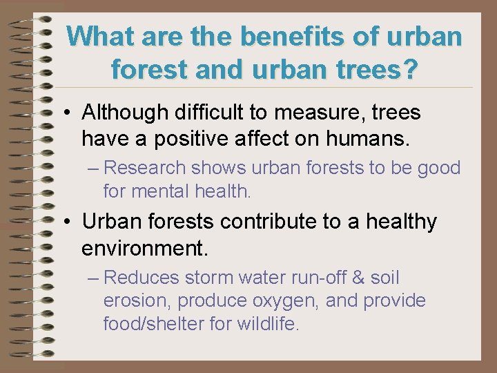 What are the benefits of urban forest and urban trees? • Although difficult to