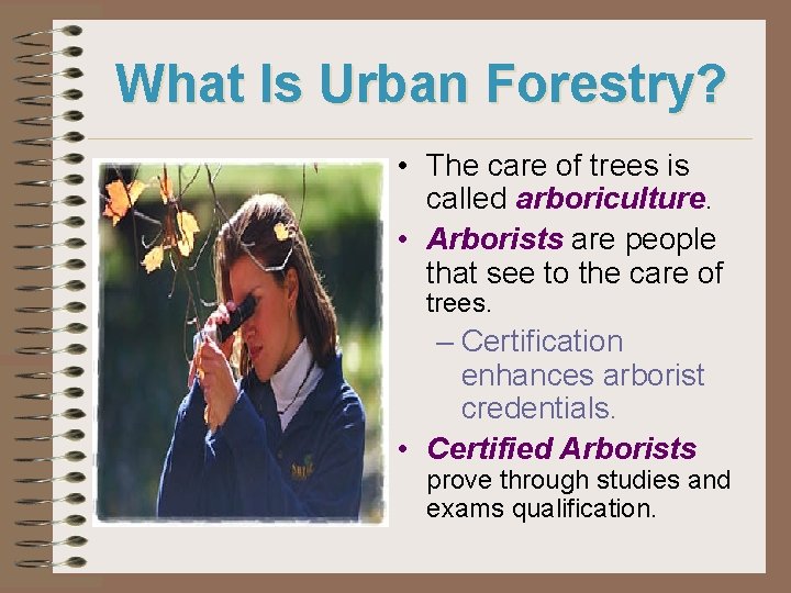 What Is Urban Forestry? • The care of trees is called arboriculture. • Arborists