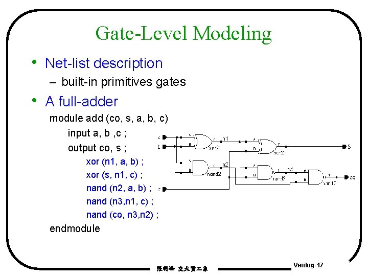 Gate-Level Modeling • Net-list description – built-in primitives gates • A full-adder module add Gate-Level Modeling • Net-list description – built-in primitives gates • A full-adder module add