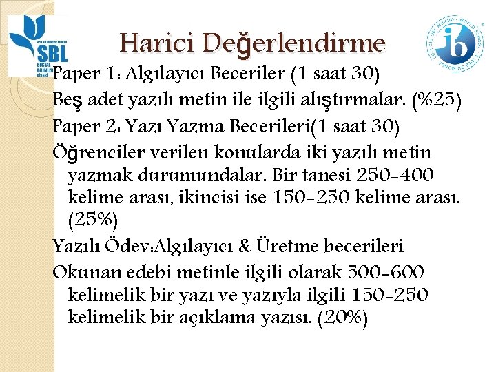 Harici Değerlendirme Paper 1: Algılayıcı Beceriler (1 saat 30) Beş adet yazılı metin ile