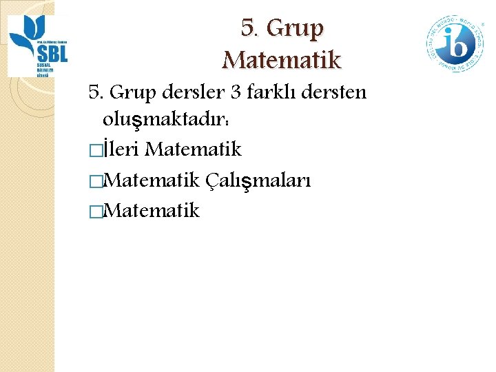 5. Grup Matematik 5. Grup dersler 3 farklı dersten oluşmaktadır: �İleri Matematik �Matematik Çalışmaları