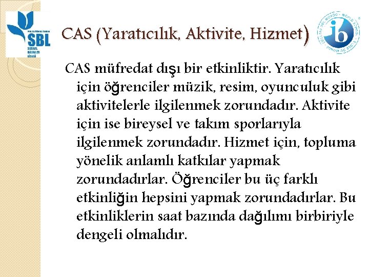 CAS (Yaratıcılık, Aktivite, Hizmet) CAS müfredat dışı bir etkinliktir. Yaratıcılık için öğrenciler müzik, resim,