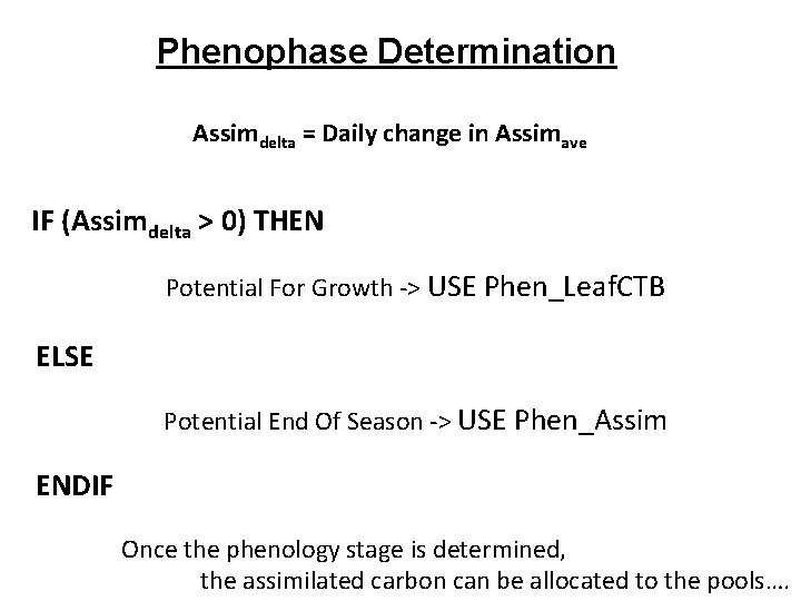 Phenophase Determination Assimdelta = Daily change in Assimave IF (Assimdelta > 0) THEN Potential