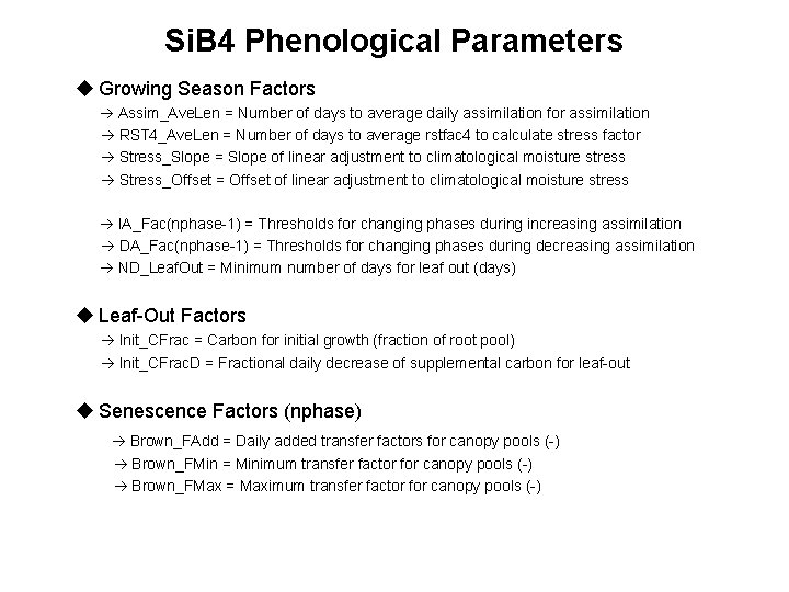 Si. B 4 Phenological Parameters u Growing Season Factors Assim_Ave. Len = Number of