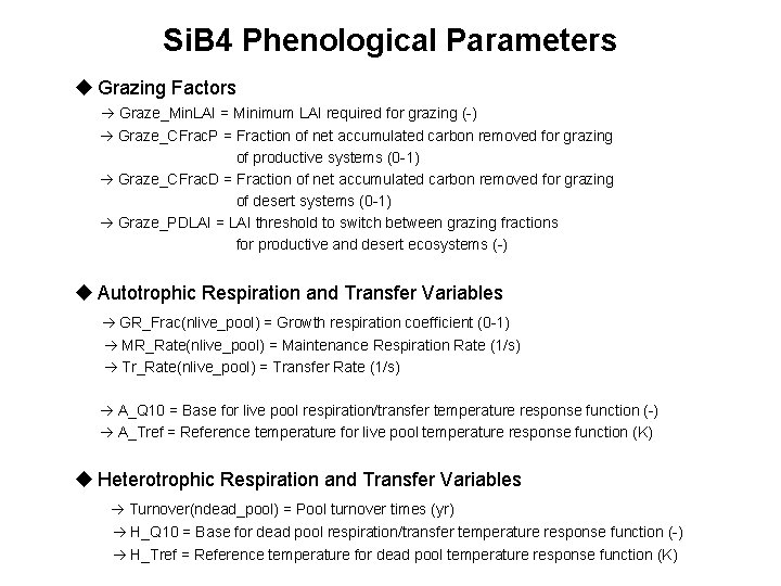 Si. B 4 Phenological Parameters u Grazing Factors Graze_Min. LAI = Minimum LAI required