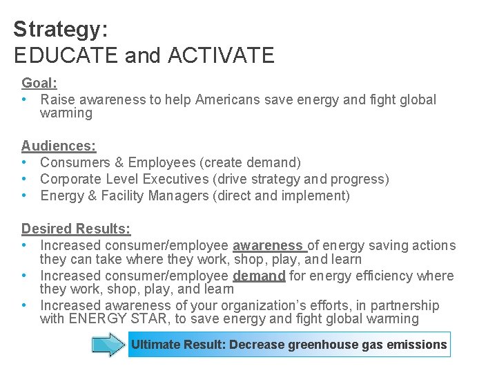 Strategy: EDUCATE and ACTIVATE Goal: • Raise awareness to help Americans save energy and