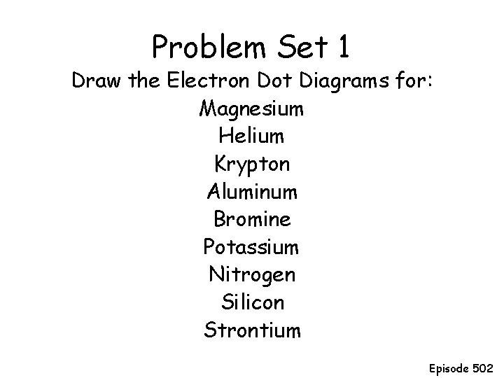 Problem Set 1 Draw the Electron Dot Diagrams for: Magnesium Helium Krypton Aluminum Bromine