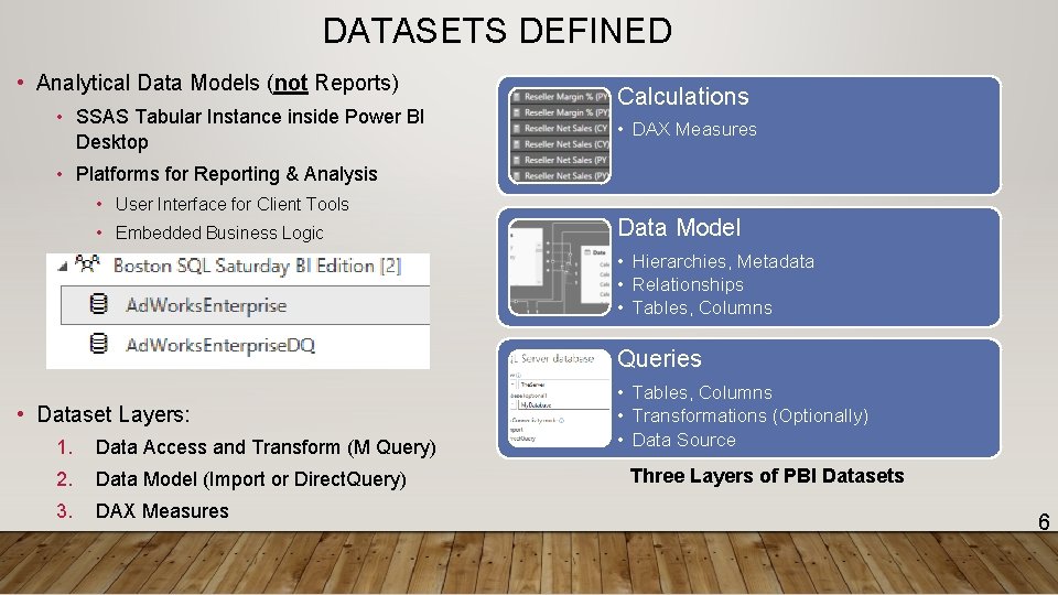 DATASETS DEFINED • Analytical Data Models (not Reports) • SSAS Tabular Instance inside Power