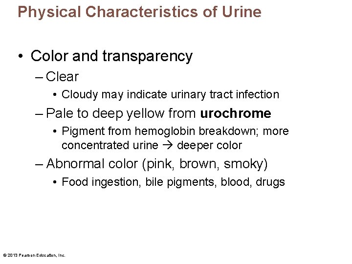 Physical Characteristics of Urine • Color and transparency – Clear • Cloudy may indicate
