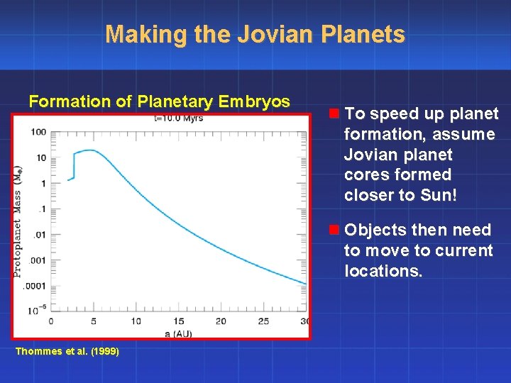Making the Jovian Planets Formation of Planetary Embryos n To speed up planet formation,