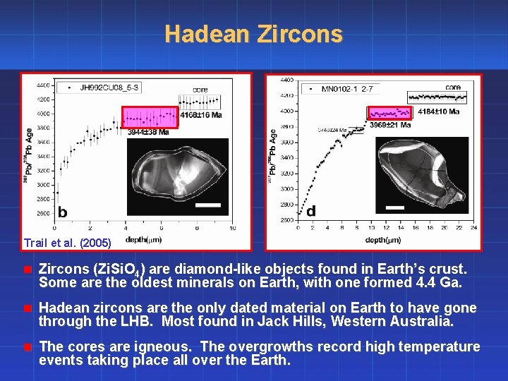 Hadean Zircons Trail et al. (2005) n Zircons (Zi. Si. O 4) are diamond-like