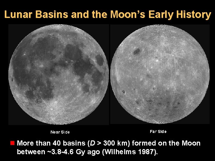 Lunar Basins and the Moon’s Early History n More than 40 basins (D >